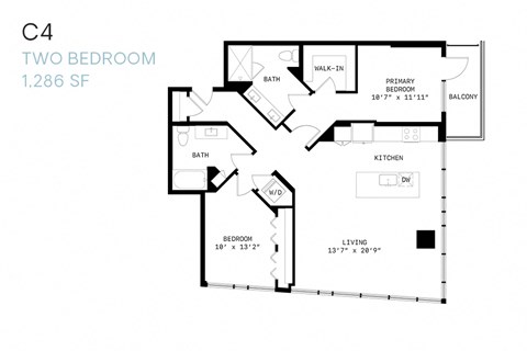 Floor plan for 2 beds, 2 baths, 1286 sqft